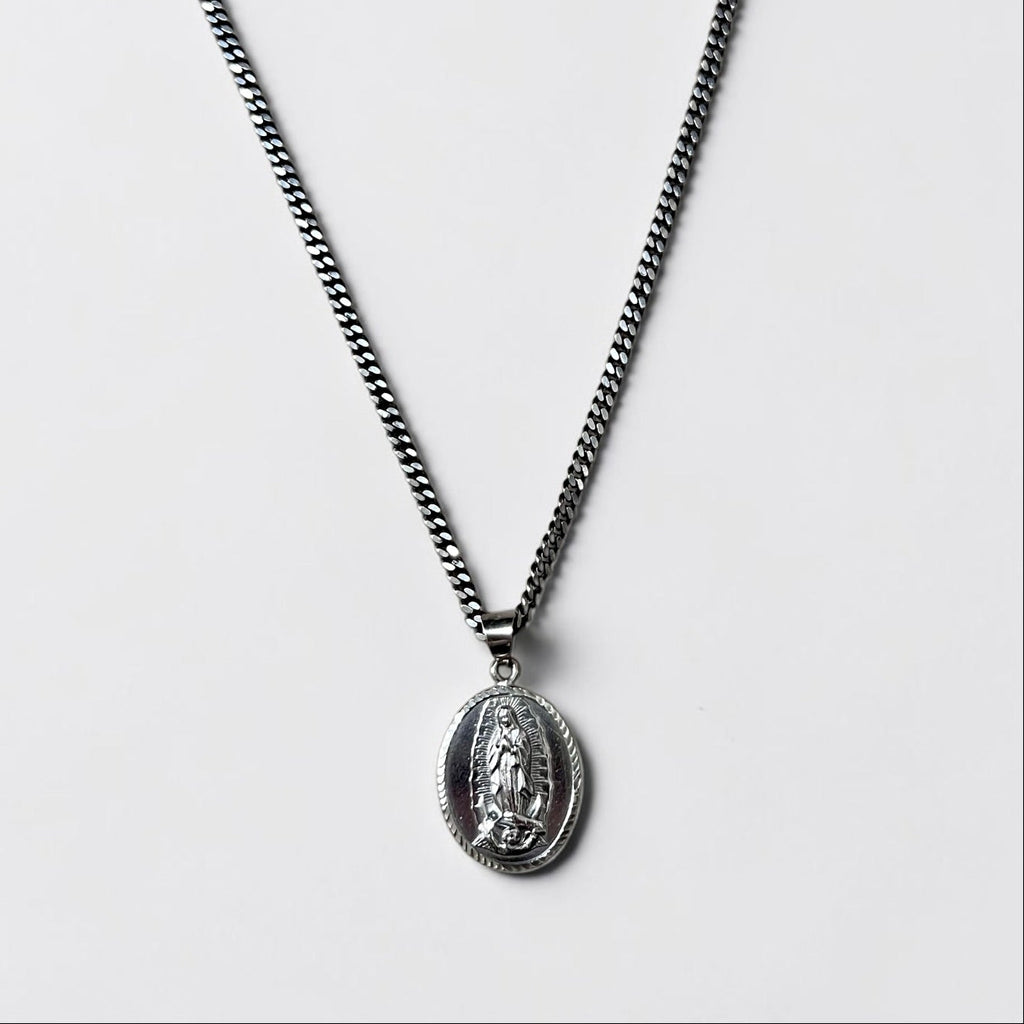 Sterling Silver 925 Our Lady of Guadalupe Oval Medal Necklace Curb Chain
