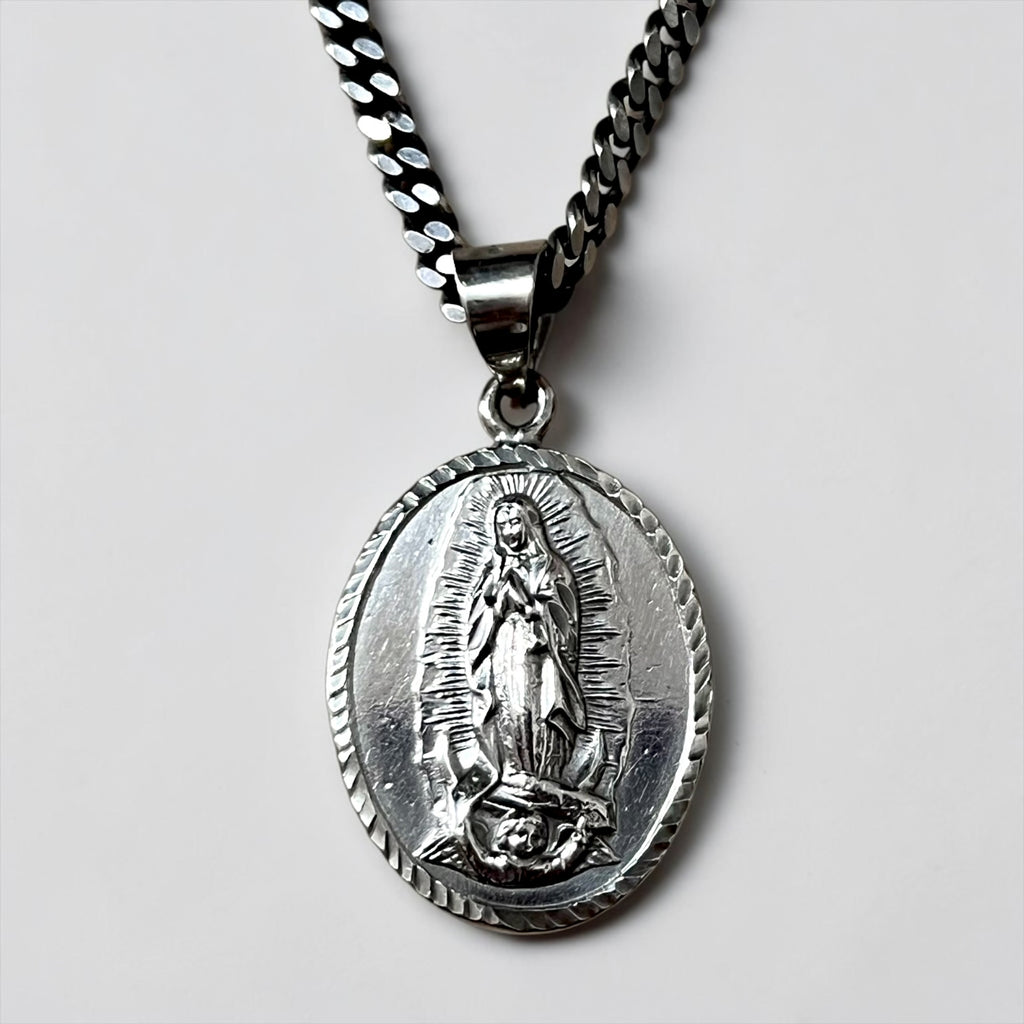 Sterling Silver 925 Our Lady of Guadalupe Oval Medal Necklace Curb Chain