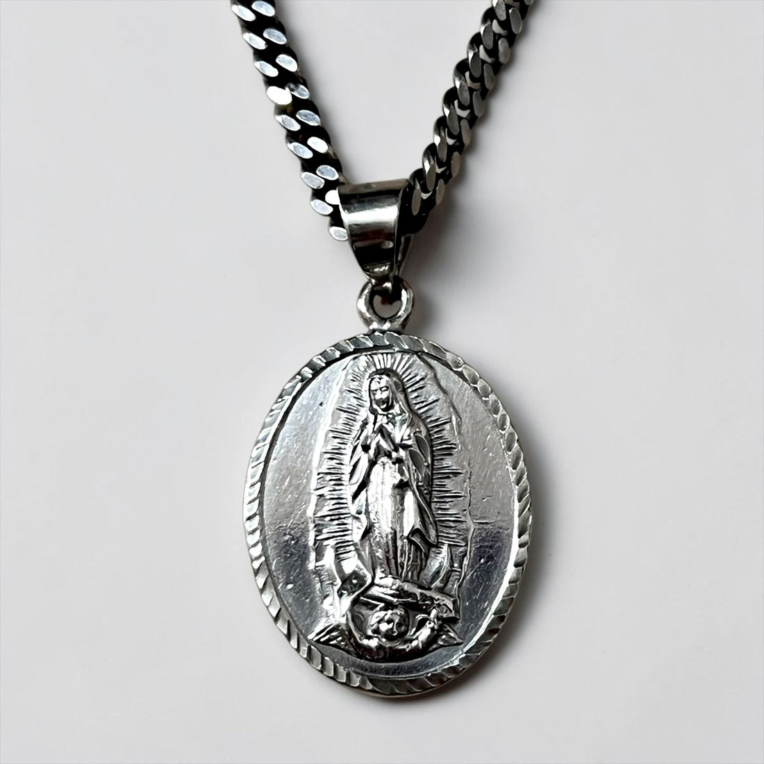Sterling Silver 925 Our Lady of Guadalupe Oval Medal Necklace Curb Chain