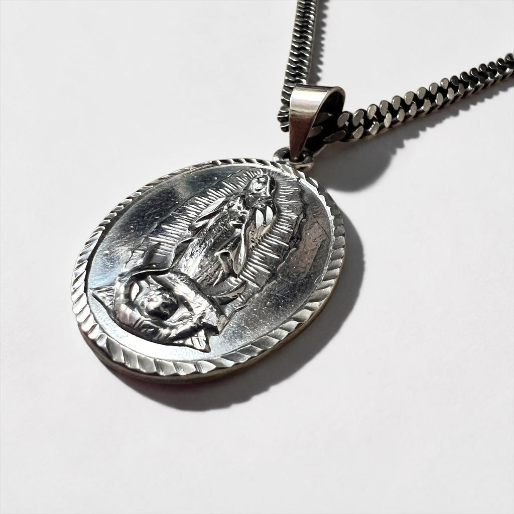 Sterling Silver 925 Our Lady of Guadalupe Oval Medal Necklace Curb Chain
