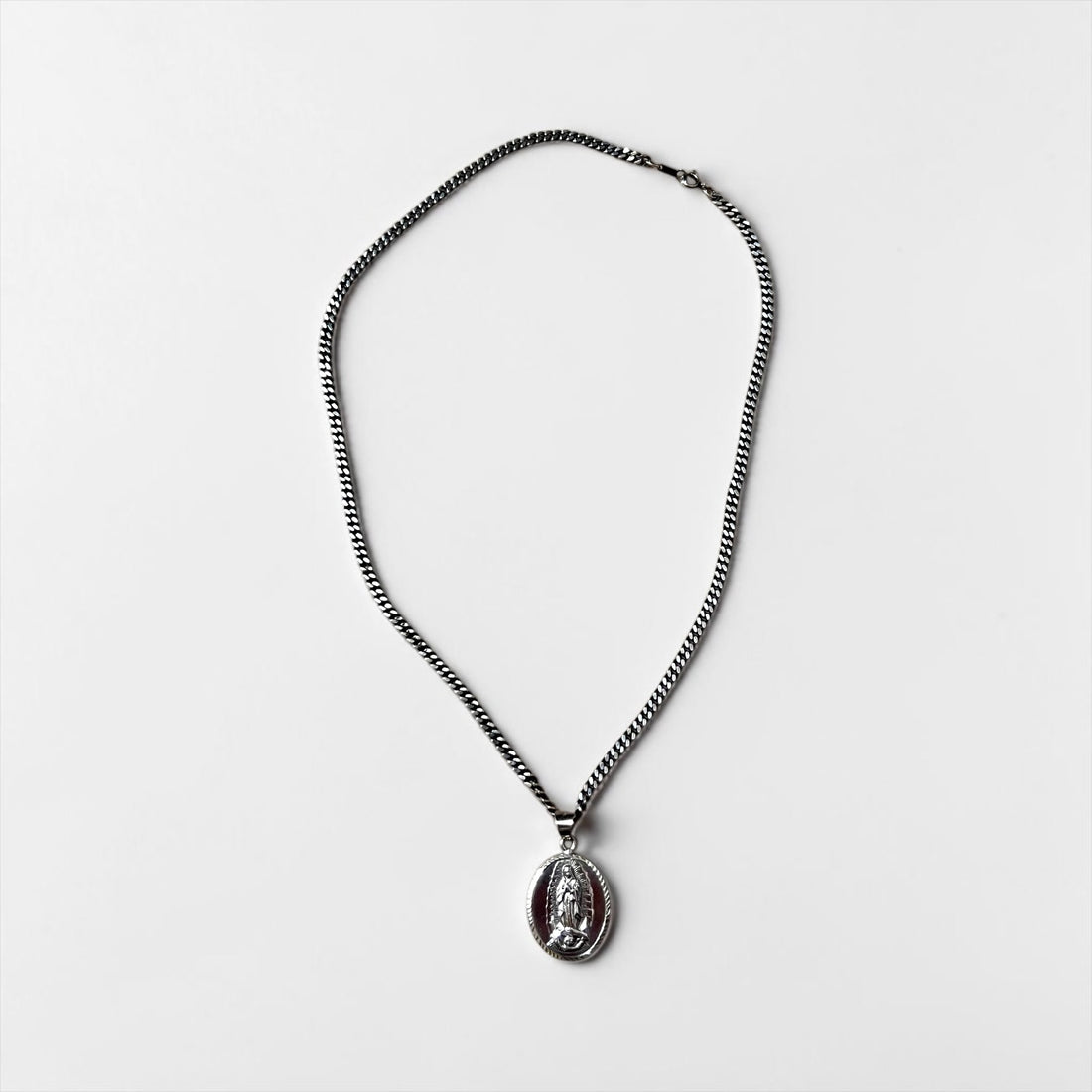 Sterling Silver 925 Our Lady of Guadalupe Oval Medal Necklace Curb Chain