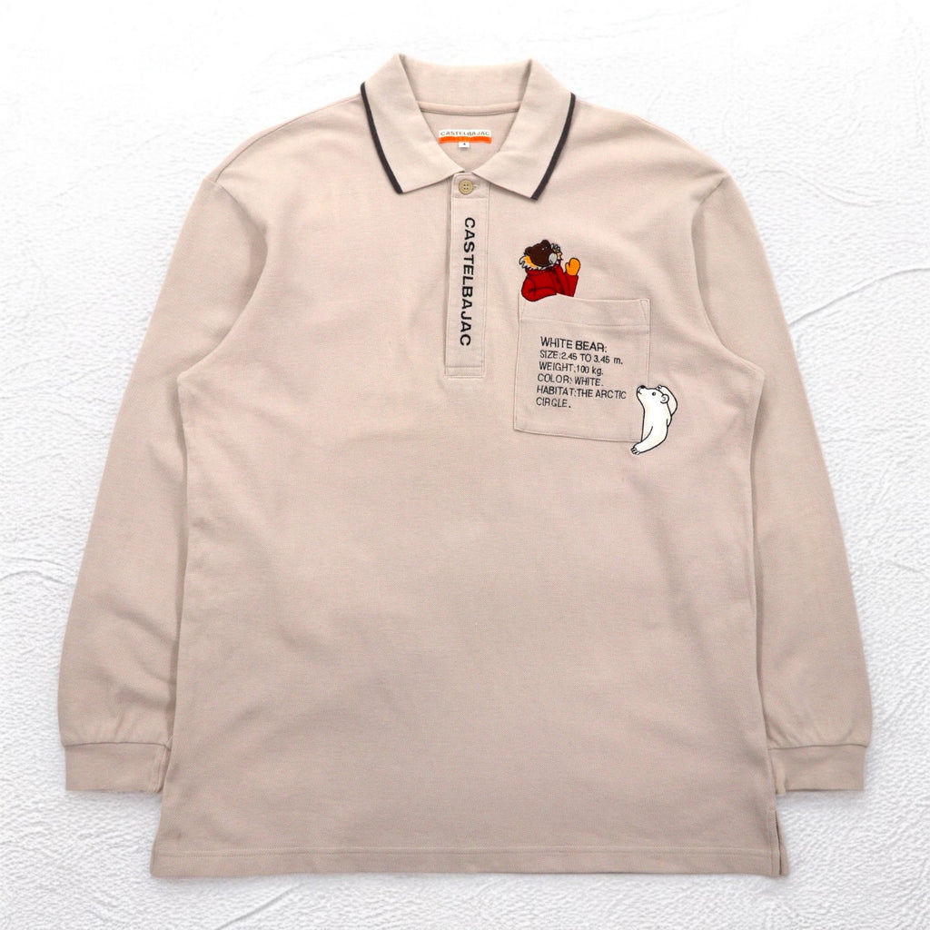 CASTELBAJAC SPORT 90s Long Sleeve Polo Shirt XL Beige Cotton Character Embroidery