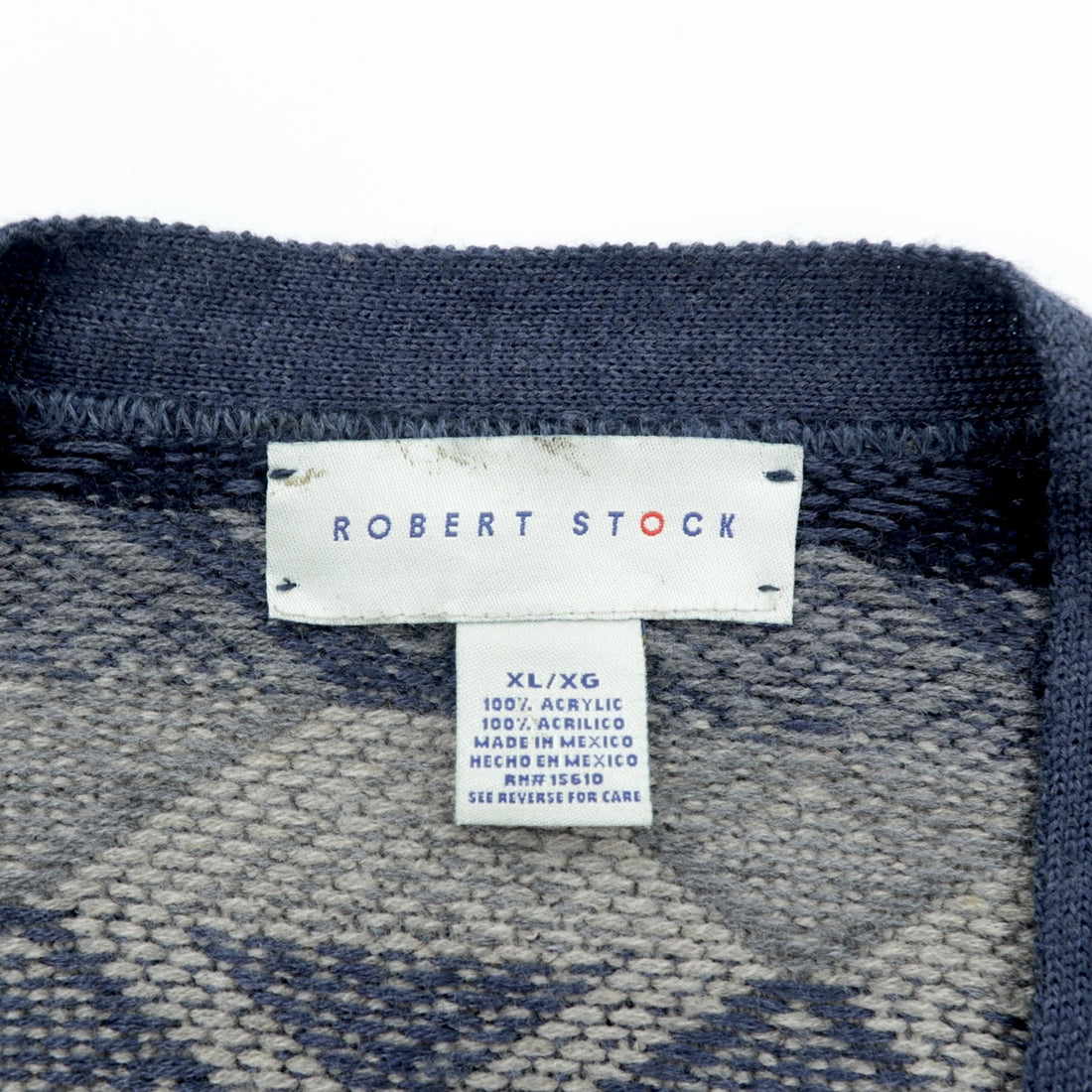 ROBERT STOCK 90s Jacquard Knit V-Neck Cardigan, XL, Navy, Striped