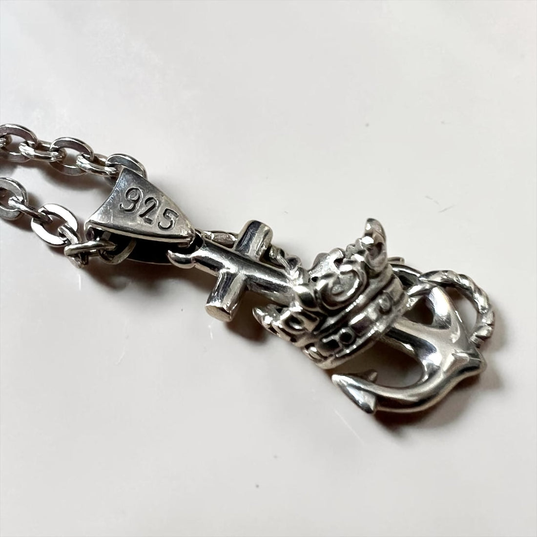 Vintage Sterling Silver 925 Anchor Cross Crown Pendant Necklace Marine Motif Chain Included