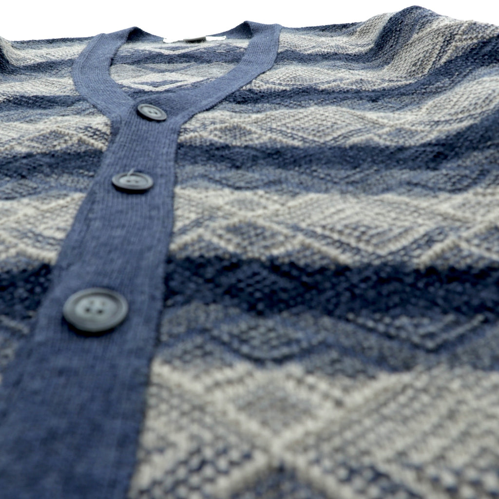 ROBERT STOCK 90s Jacquard Knit V-Neck Cardigan, XL, Navy, Striped