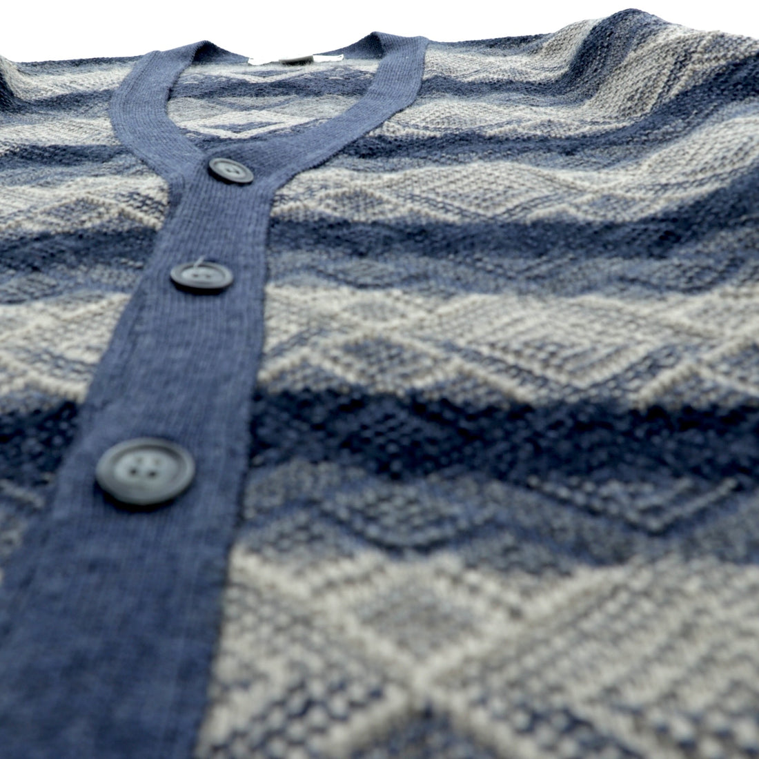 ROBERT STOCK 90s Jacquard Knit V-Neck Cardigan, XL, Navy, Striped