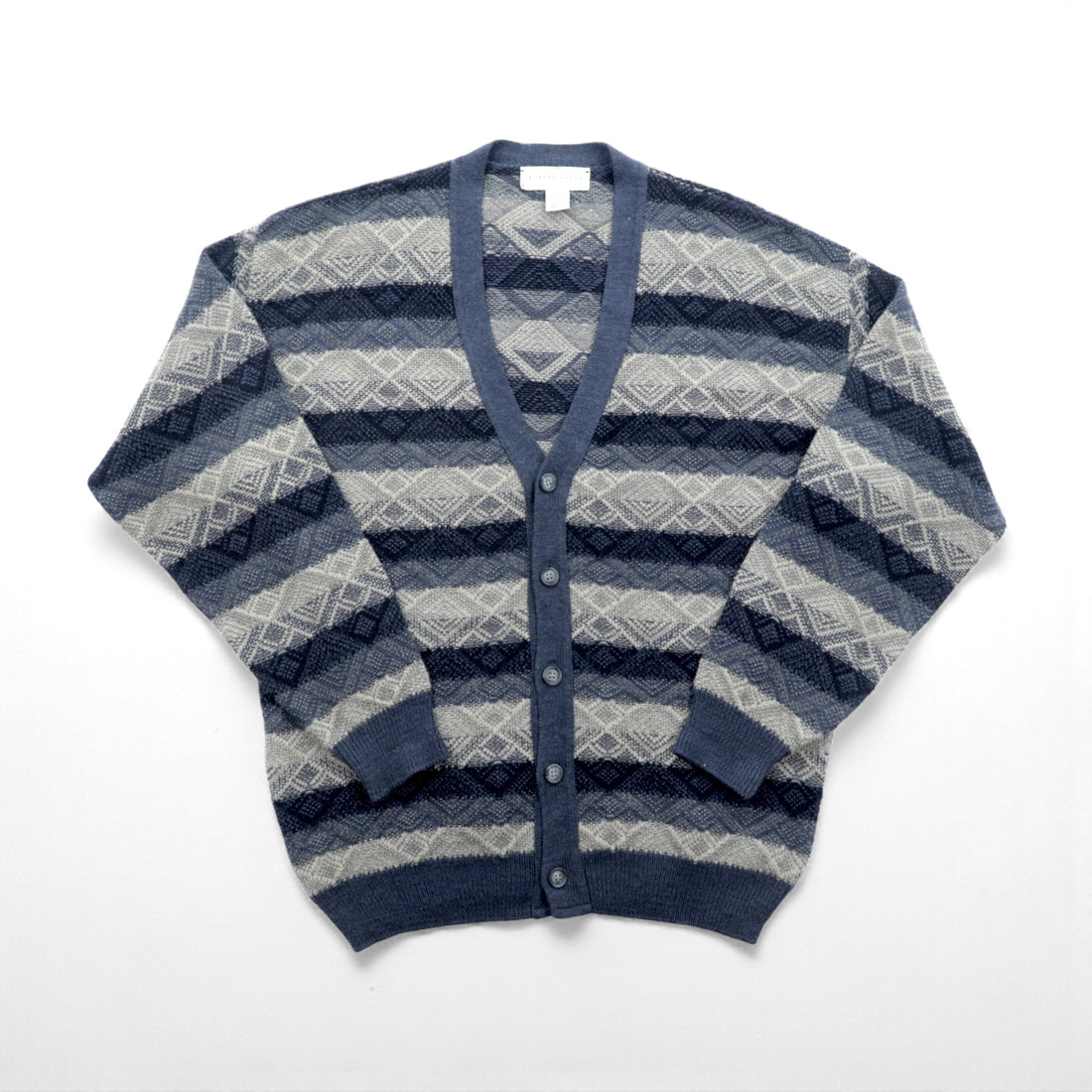 ROBERT STOCK 90s Jacquard Knit V-Neck Cardigan, XL, Navy, Striped
