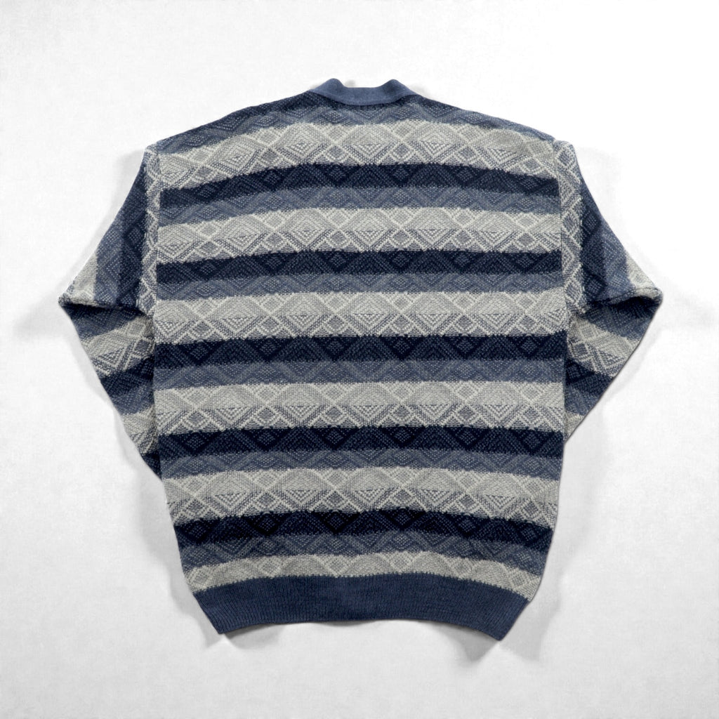 ROBERT STOCK 90s Jacquard Knit V-Neck Cardigan, XL, Navy, Striped