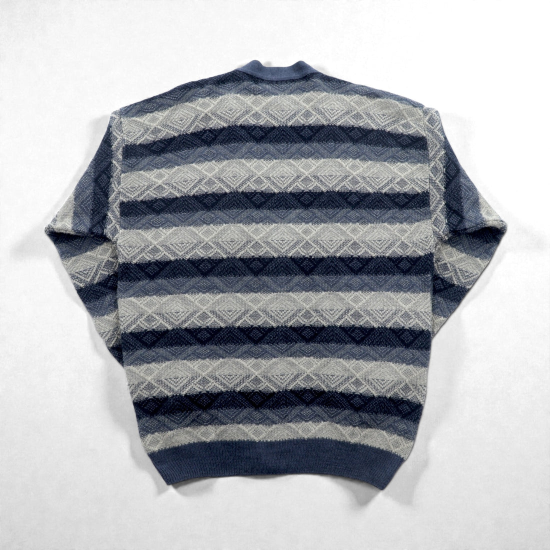 ROBERT STOCK 90s Jacquard Knit V-Neck Cardigan, XL, Navy, Striped