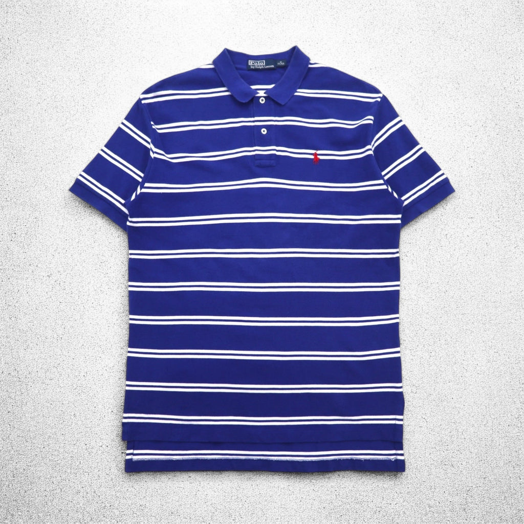 Polo by Ralph Lauren 90年代 ボーダー ポロシャツ M ブルー コットン 鹿の子 スモールポニー刺繍