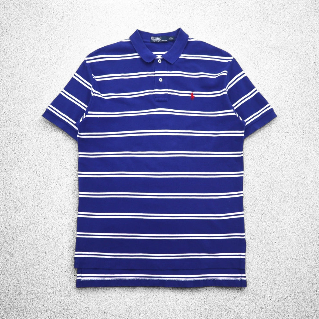 Polo by Ralph Lauren 90s Striped Polo Shirt, Medium, Blue, Cotton, Pique, Small Pony Embroidery
