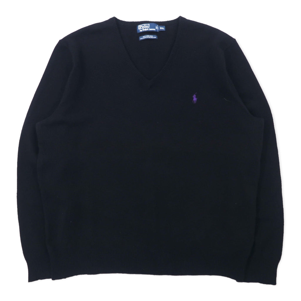 日本然リトテ-古着オンライン-Polo by Ralph Lauren Vネック ニット セーター XXL ブラック ラムウール スモールポニー刺繍 ビッグサイズ-Polo by Ralph Lauren V-Neck Knit Sweater XXL Black Lambswool Small Pony Embroidery Big Size
