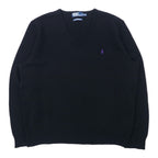 日本然リトテ-古着オンライン-Polo by Ralph Lauren Vネック ニット セーター XXL ブラック ラムウール スモールポニー刺繍 ビッグサイズ-Polo by Ralph Lauren V-Neck Knit Sweater XXL Black Lambswool Small Pony Embroidery Big Size