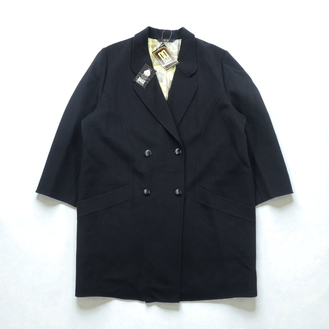DAKS Made in Japan Cashmere Double-Breasted Chester Coat, XL, Black, Satin Lining, Scarf, Allover Pattern, Unused