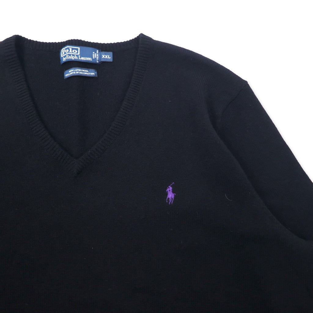 Polo by Ralph Lauren Vネック ニット セーター XXL ブラック ラムウール スモールポニー刺繍 ビッグサイズ