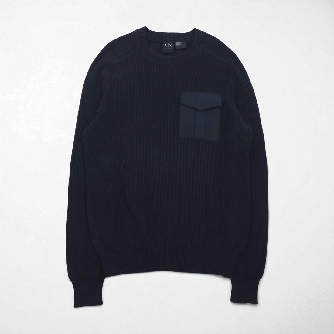 A|X ARMANI EXCHANGE Commando Sweater, Rib Knit, Size L, Navy, with Flap Chest Pocket