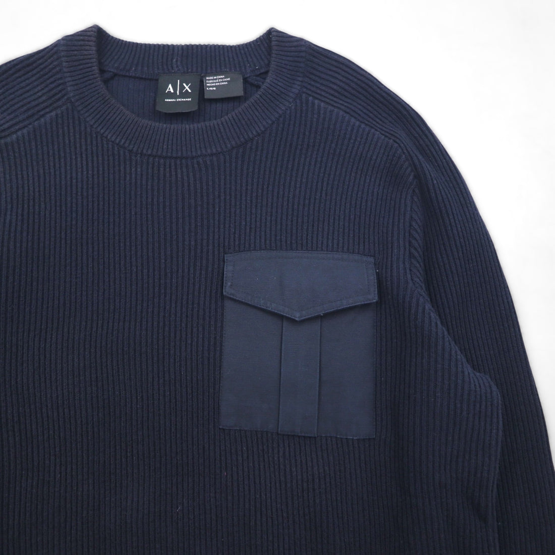 A|X ARMANI EXCHANGE Commando Sweater, Rib Knit, Size L, Navy, with Flap Chest Pocket