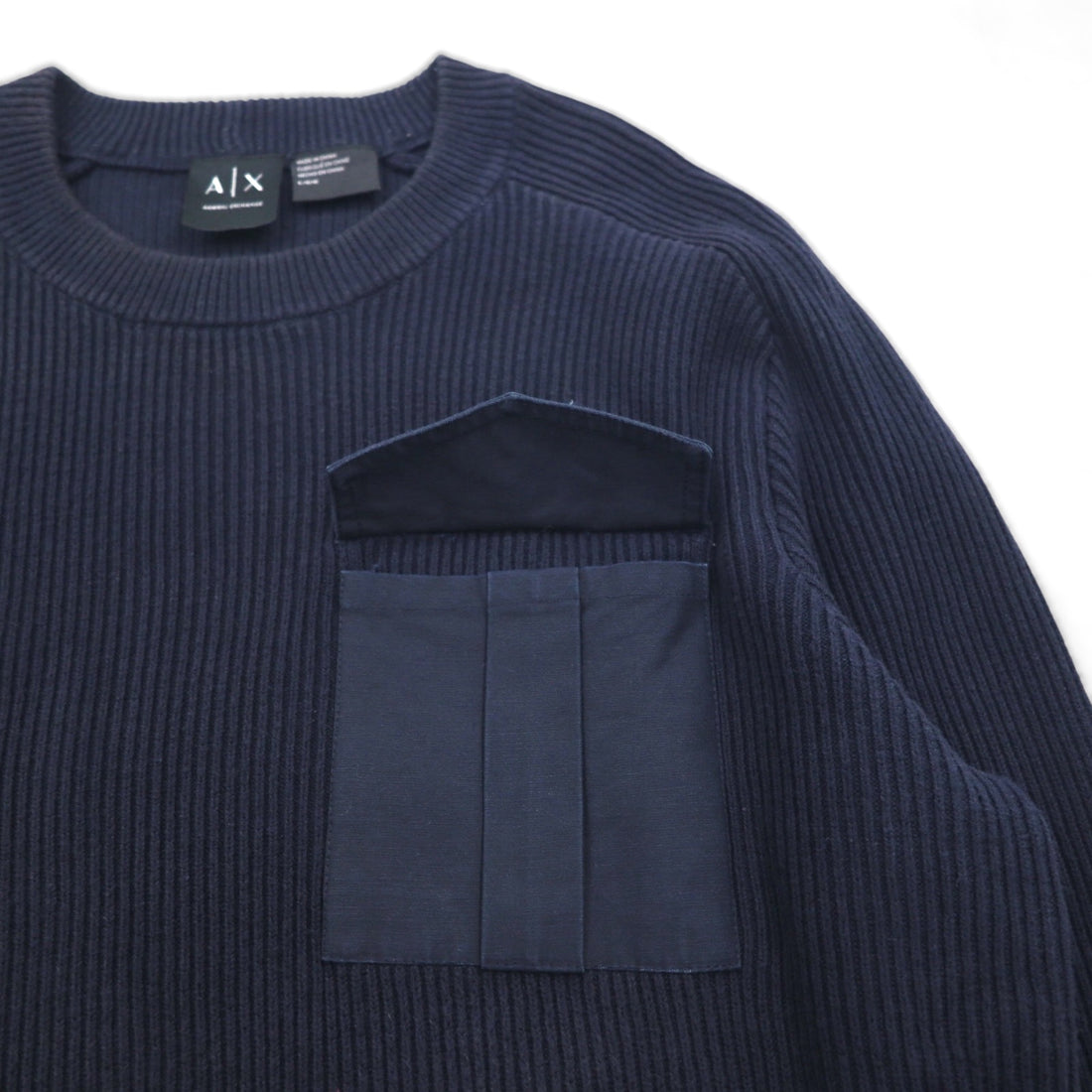 A|X ARMANI EXCHANGE Commando Sweater, Rib Knit, Size L, Navy, with Flap Chest Pocket