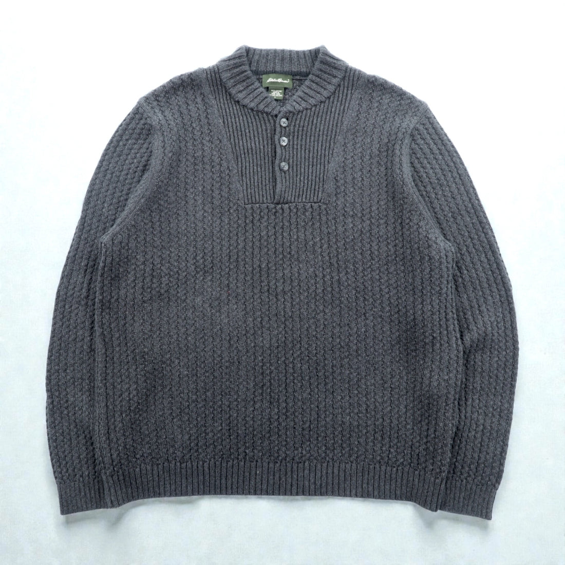 Eddie Bauer Henley Neck Ribbed Knit Sweater, Large, Gray Cotton