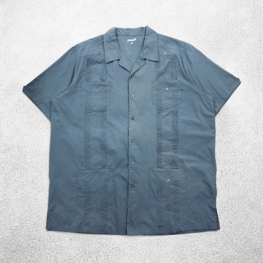KS island open collar Cuban shirt XL grey polyester cotton embroidery