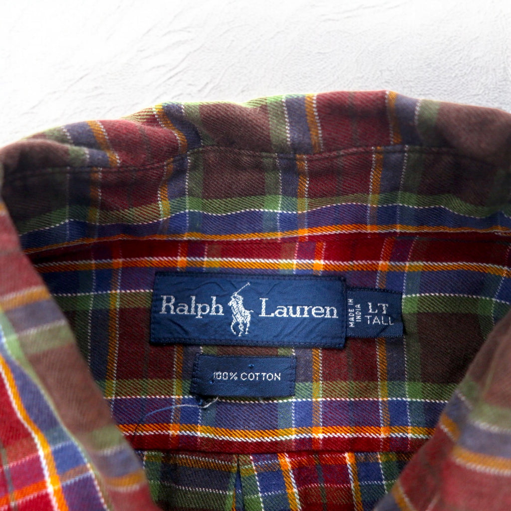 Ralph Lauren 90s Button-down Shirt L TALL Red Check Small Pony Embroidery Big Size