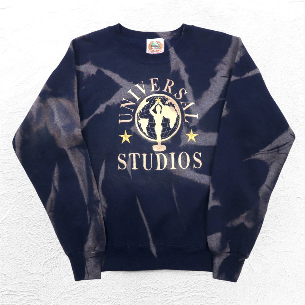 90s UNIVERSAL STUDIOS Tie-dye Embroidered Sweatshirt L Navy Fleece Lining
