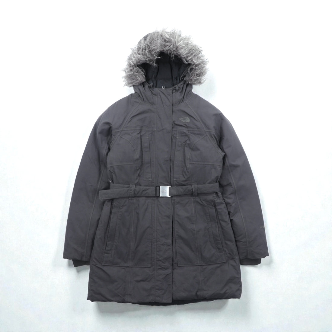 THE NORTH FACE マウンテン ダウンコート M グレー HYVENT 防水 ファー着脱式 ベルト付き グースダウン