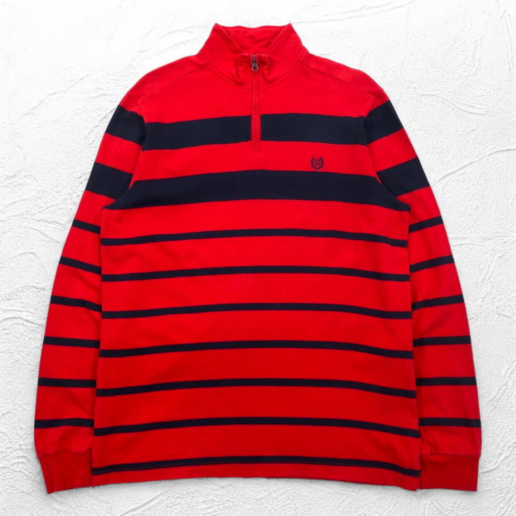 CHAPS Half Zip Sweatshirt L Red Border Cotton One Point Logo Embroidery