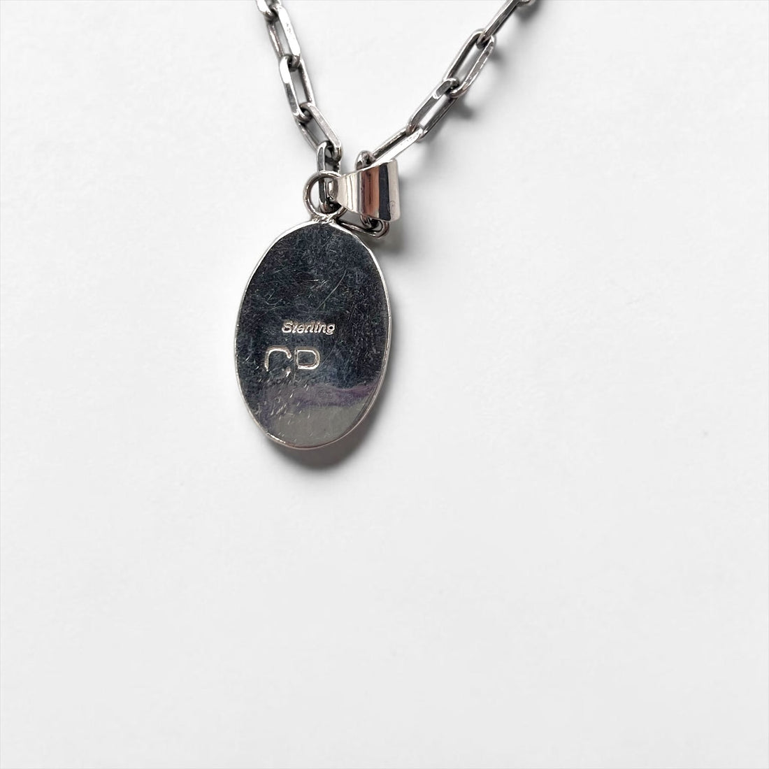 CP Signed Sterling Silver Kokopelli Oval Pendant Necklace Paperclip Chain 925