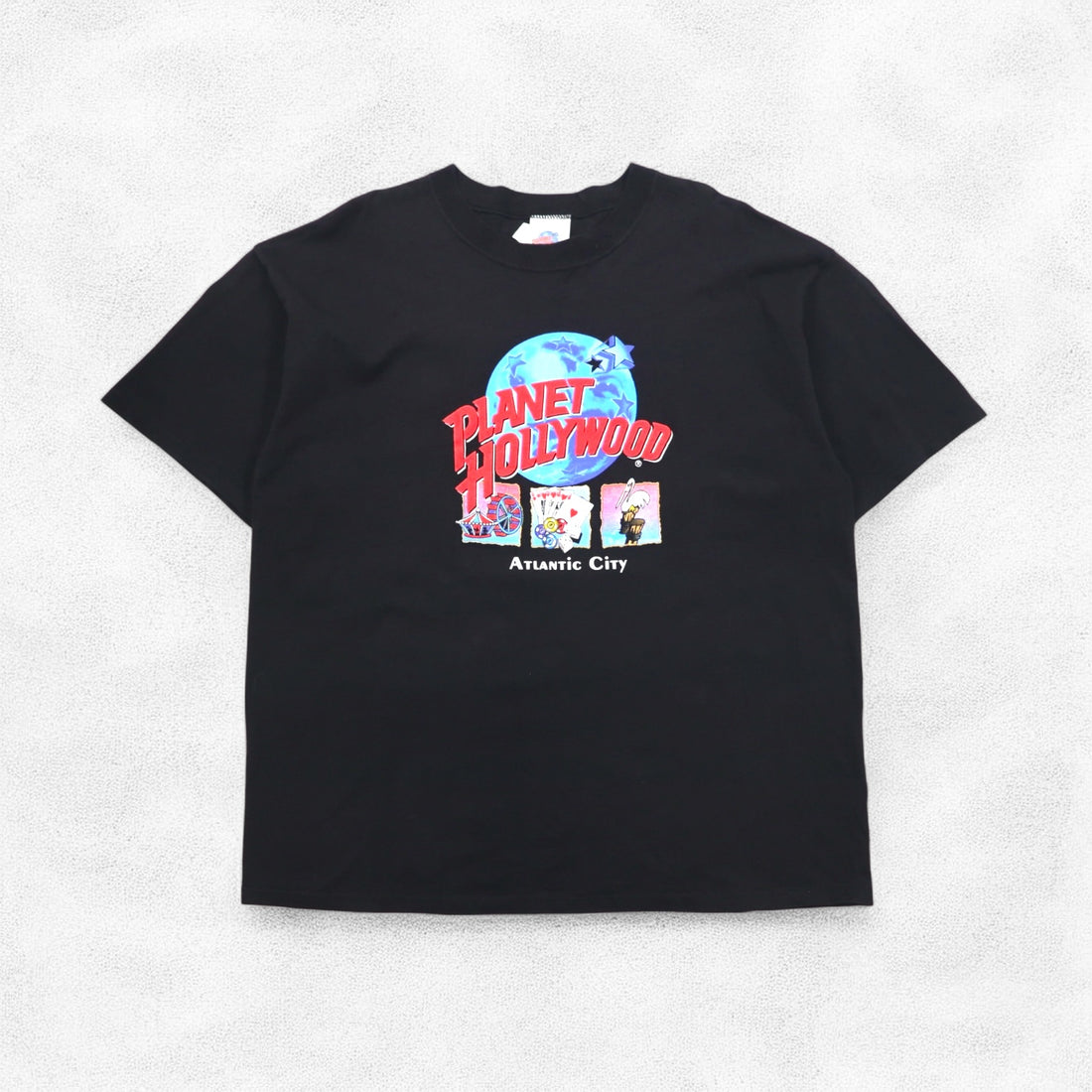 PLANET HOLLYWOOD 90s USA made logo print T-shirt XL black cotton ATLANTIC CITY