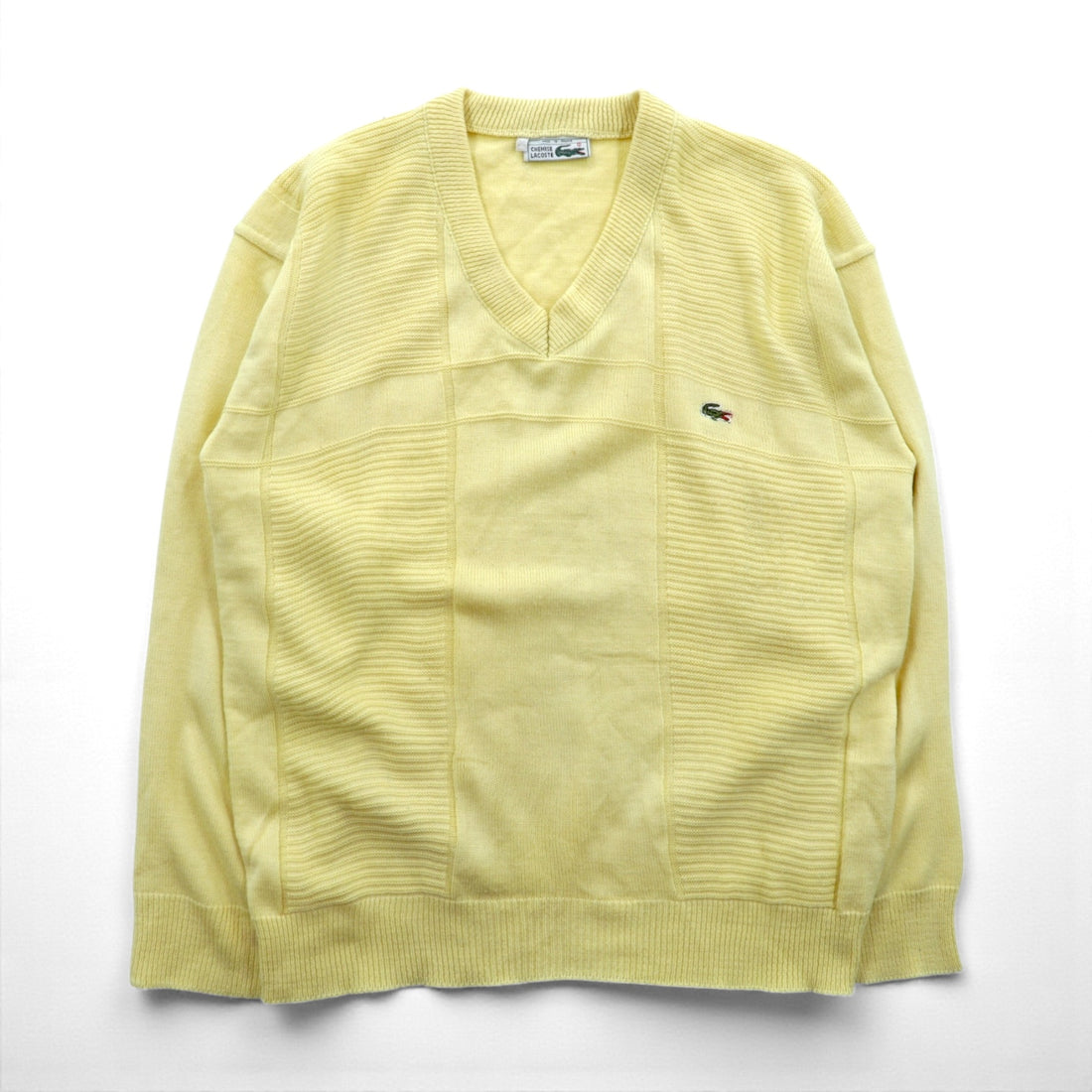 LACOSTE 70s Made in France French V-neck Knit Sweater, Medium, Beige, One Point Logo