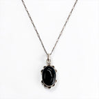 Sterling Silver 925 Black Onyx Cabochon Pendant Necklace Navajo Style Scalloped Flower Vintage