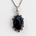 Sterling Silver 925 Black Onyx Cabochon Pendant Necklace Navajo Style Scalloped Flower Vintage