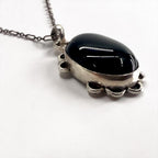 Sterling Silver 925 Black Onyx Cabochon Pendant Necklace Navajo Style Scalloped Flower Vintage