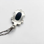 Sterling Silver 925 Black Onyx Cabochon Pendant Necklace Navajo Style Scalloped Flower Vintage
