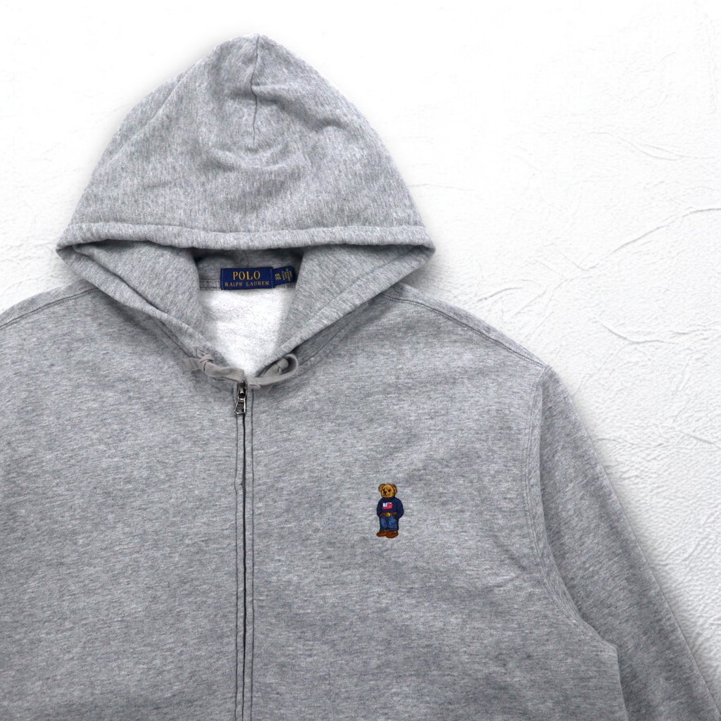 POLO RALPH LAUREN Polo Bear Embroidered Full Zip Hoodie XXL Grey Fleece Lining One Point Logo
