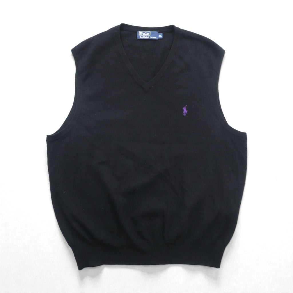 Polo Ralph Lauren 90s Merino Wool Knit V-Neck Vest XL Black Small Pony Embroidery