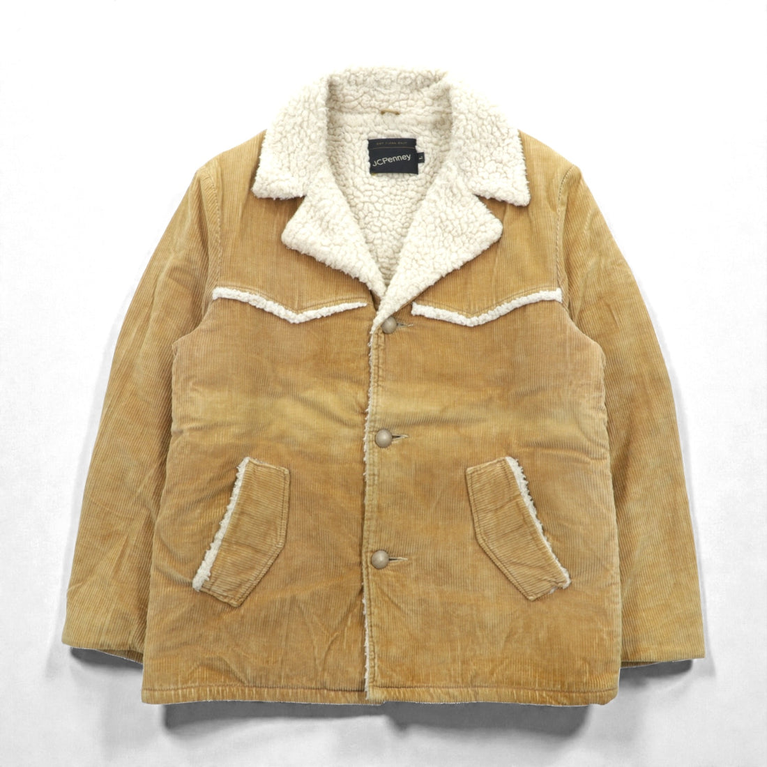 J.C. PENNEY 80s Vintage Ranch Coat Corduroy Jacket, Size L, Beige, Boa Lining, Sherpa