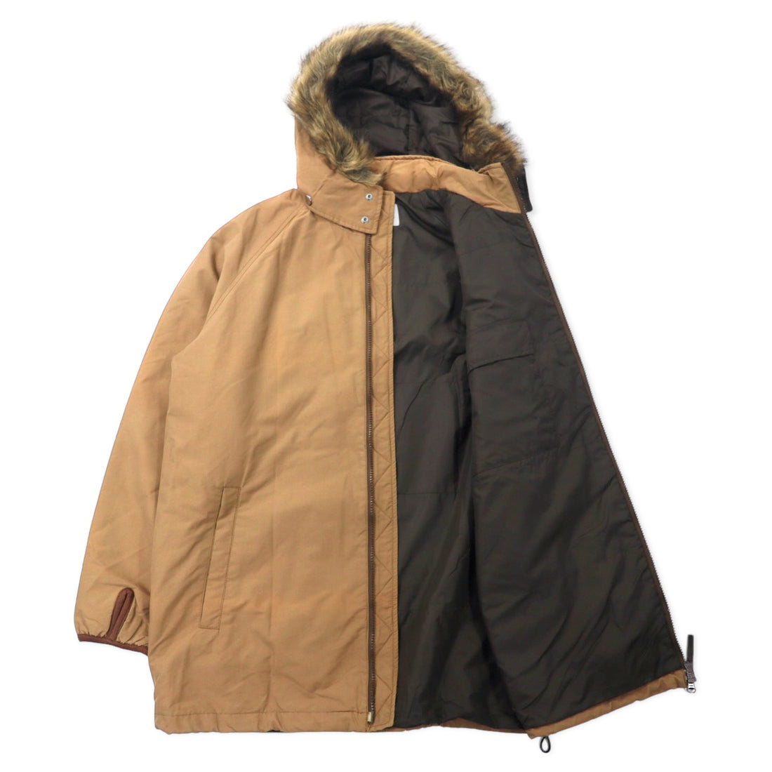 VAN -JAC- Hooded Overcoat L Beige Nylon Cotton Hood Detachable Double Zip
