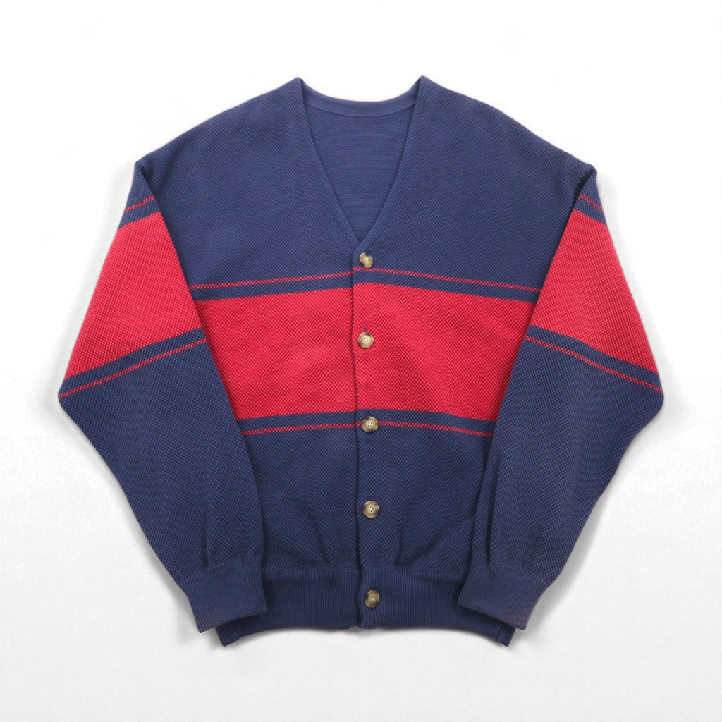 crepuscule Knit Cardigan, Pique, Medium, Navy, Border Moss Stitch V/N Cardigan, Oversized, Made in Japan, 2001-002