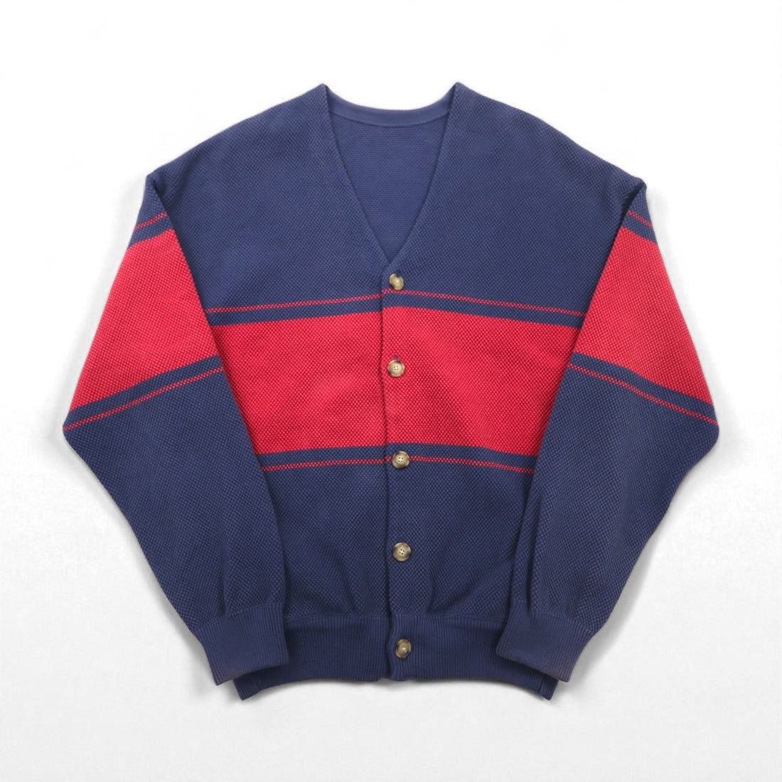 crepuscule Knit Cardigan, Pique, Medium, Navy, Border Moss Stitch V/N Cardigan, Oversized, Made in Japan, 2001-002