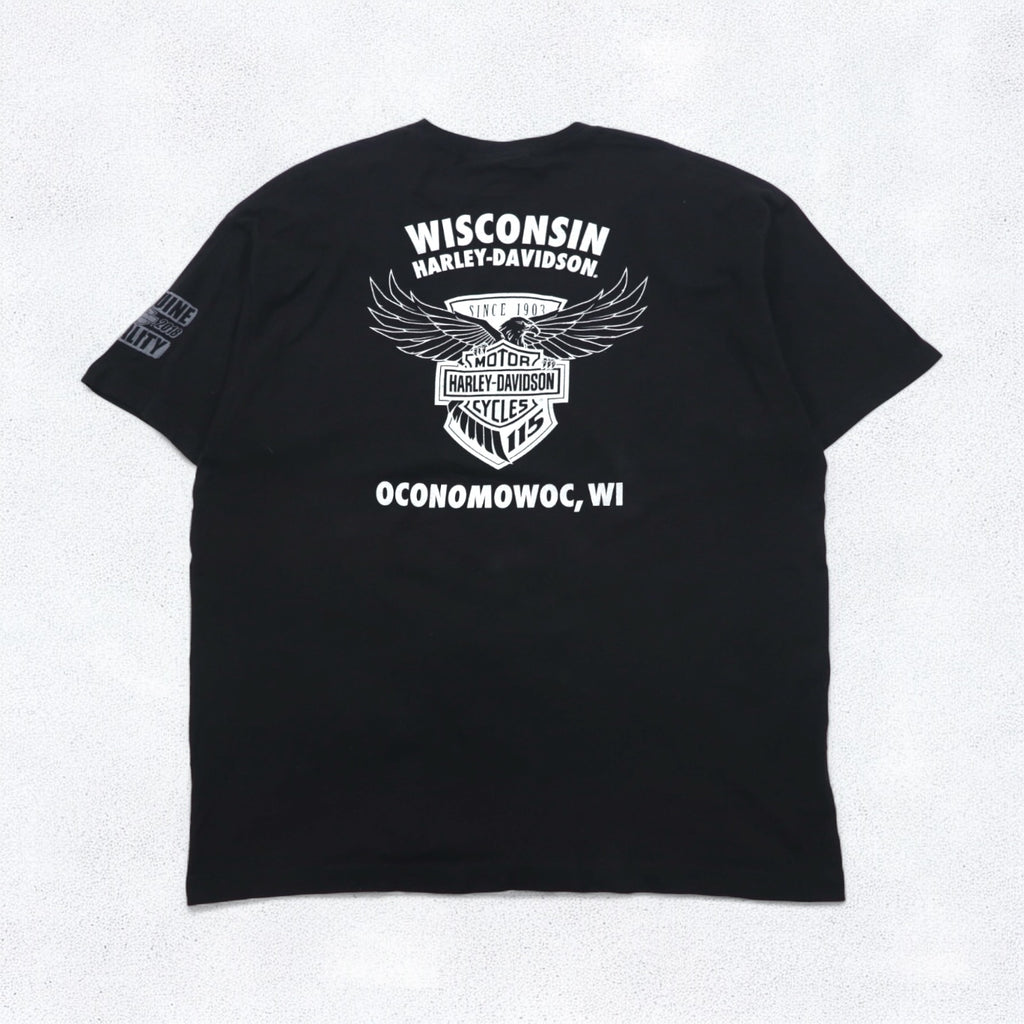 HARLEY DAVIDSON Double-sided Print V-neck T-shirt 2XL Black Bike WISCONSIN