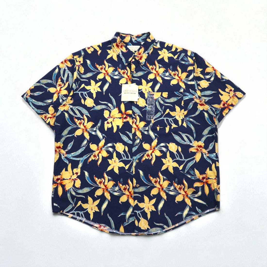 90年代 CROSSINGS ボタンダウン 花柄 アロハシャツ XL ネイビー コットン 総柄 未使用品