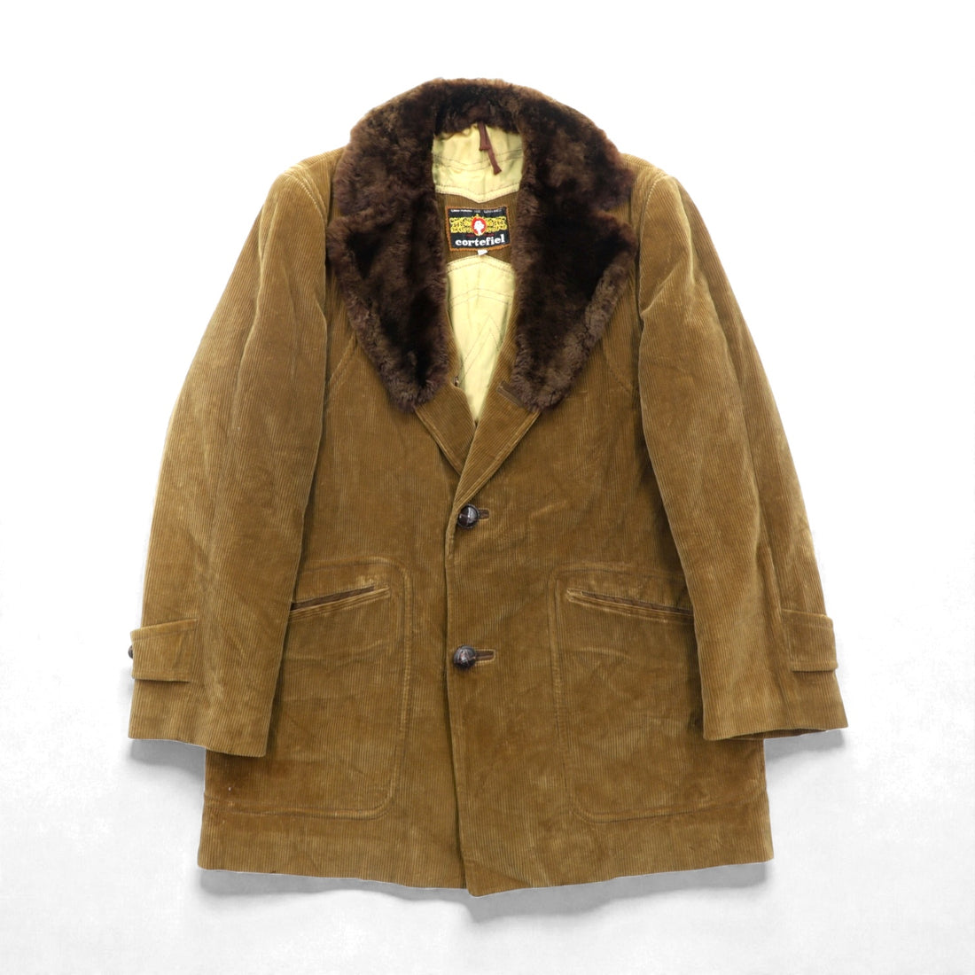 Cortefiel 70s Spanish Made Vintage Gangster Coat, Corduroy, Large, Brown Fur Collar
