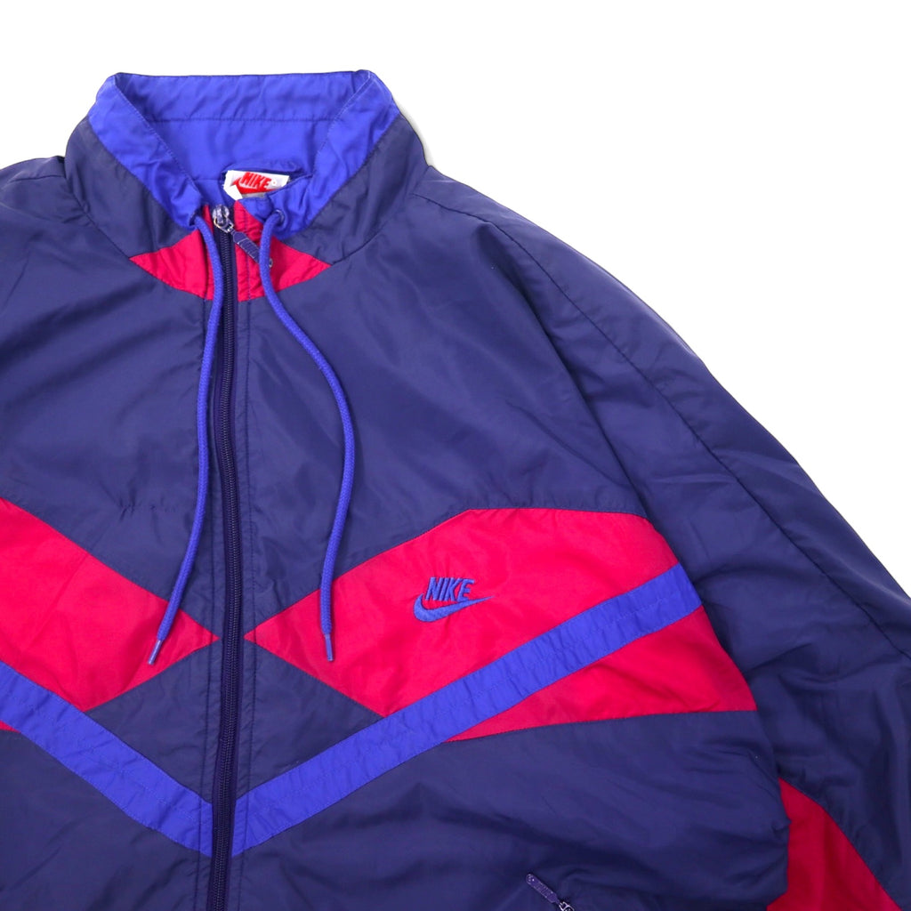 NIKE 90s nylon jacket jersey L navy color block swoosh logo embroidery silver tag