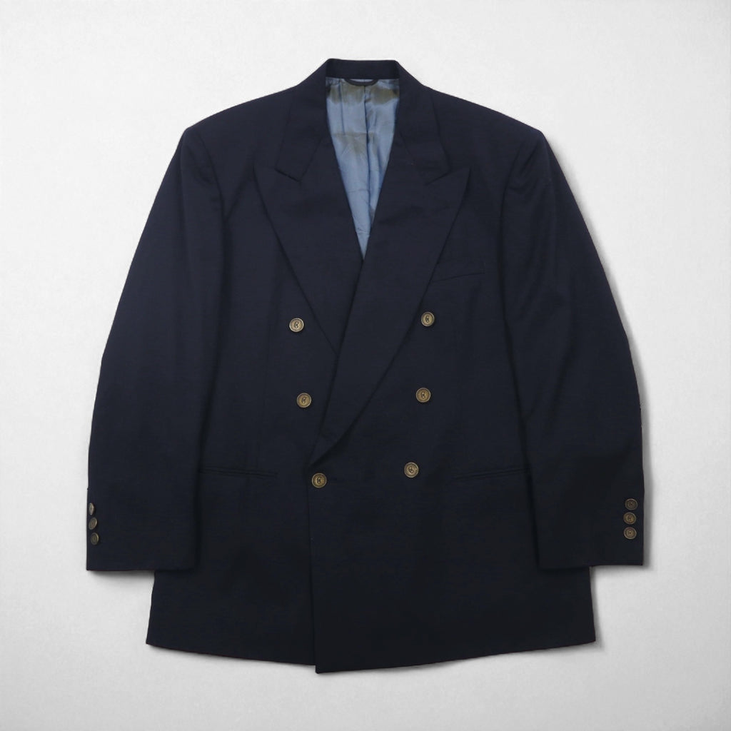 80s USA UNION MADE Vintage Blazer by NINO CERRUTI. 80s USA-made peak lapel double-breasted blazer, size L, gold buttons, Union Made ACTWU tag, navy blue.