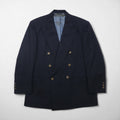 80s USA UNION MADE Vintage Blazer by NINO CERRUTI. 80s USA-made peak lapel double-breasted blazer, size L, gold buttons, Union Made ACTWU tag, navy blue.
