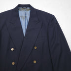 80s USA UNION MADE Vintage Blazer by NINO CERRUTI. 80s USA-made peak lapel double-breasted blazer, size L, gold buttons, Union Made ACTWU tag, navy blue.
