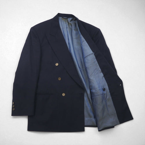 80s USA UNION MADE Vintage Blazer by NINO CERRUTI. 80s USA-made peak lapel double-breasted blazer, size L, gold buttons, Union Made ACTWU tag, navy blue.