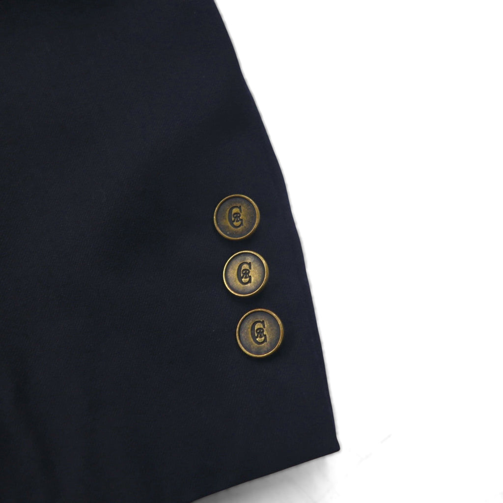 80s USA UNION MADE Vintage Blazer by NINO CERRUTI. 80s USA-made peak lapel double-breasted blazer, size L, gold buttons, Union Made ACTWU tag, navy blue.